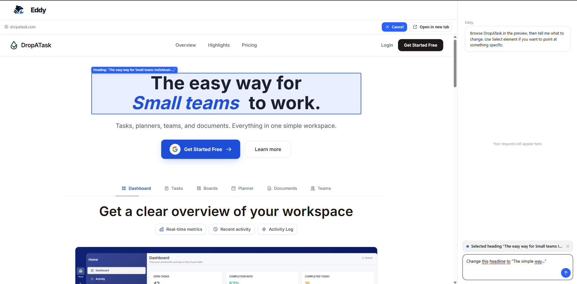 The Eddy portal: a client's live site open on the left with an element selected, Eddy's chat panel on the right turning the request into a change